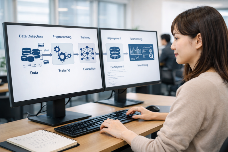 機械学習の開発から運用までの流れを確認する日本人女性AIエンジニア