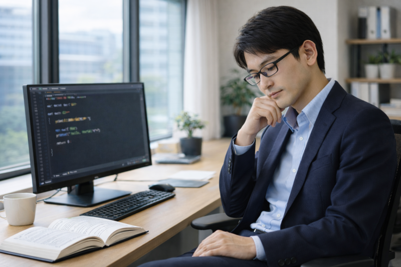 技術書を前に余暇の使い方を振り返る日本人ITエンジニア