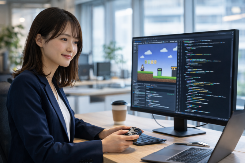 余暇にゲーム制作を楽しむ女性エンジニア