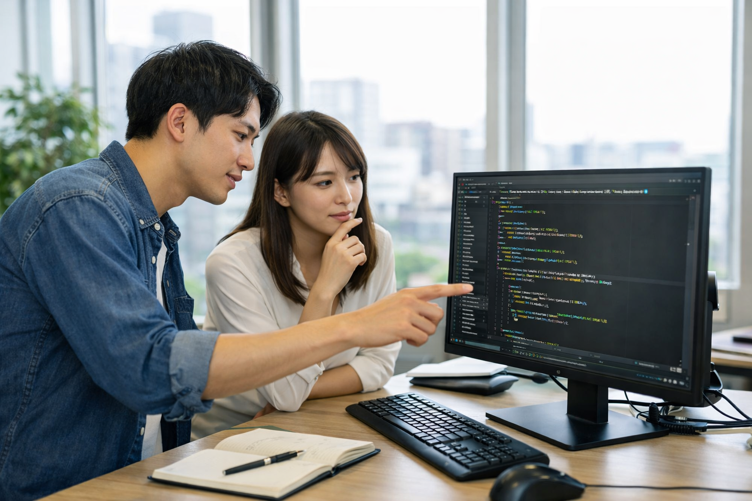 文系と理系のエンジニアがプログラミングコードを見ながら議論している様子