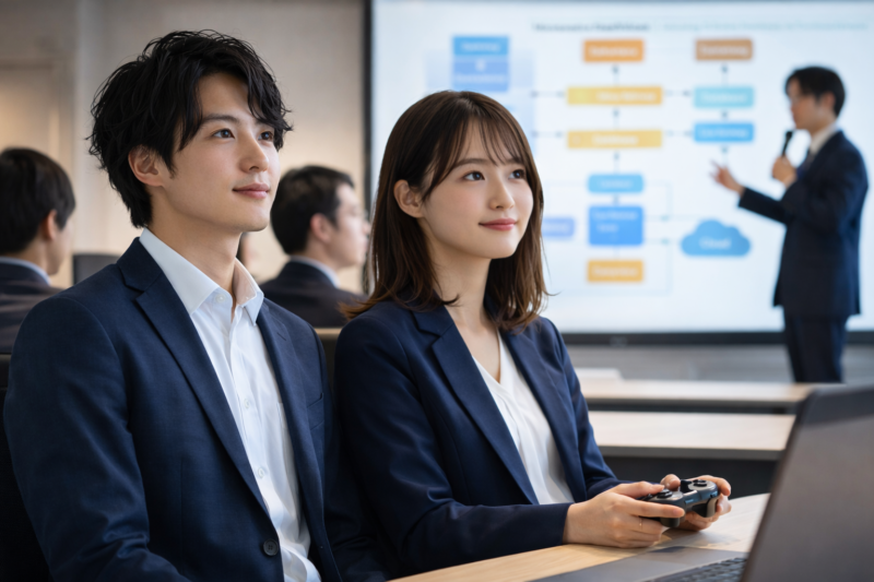 ITセミナーで講演を聞く若手エンジニア男女