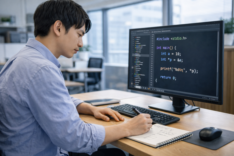 C言語ポインタの基本を学習しているエンジニア