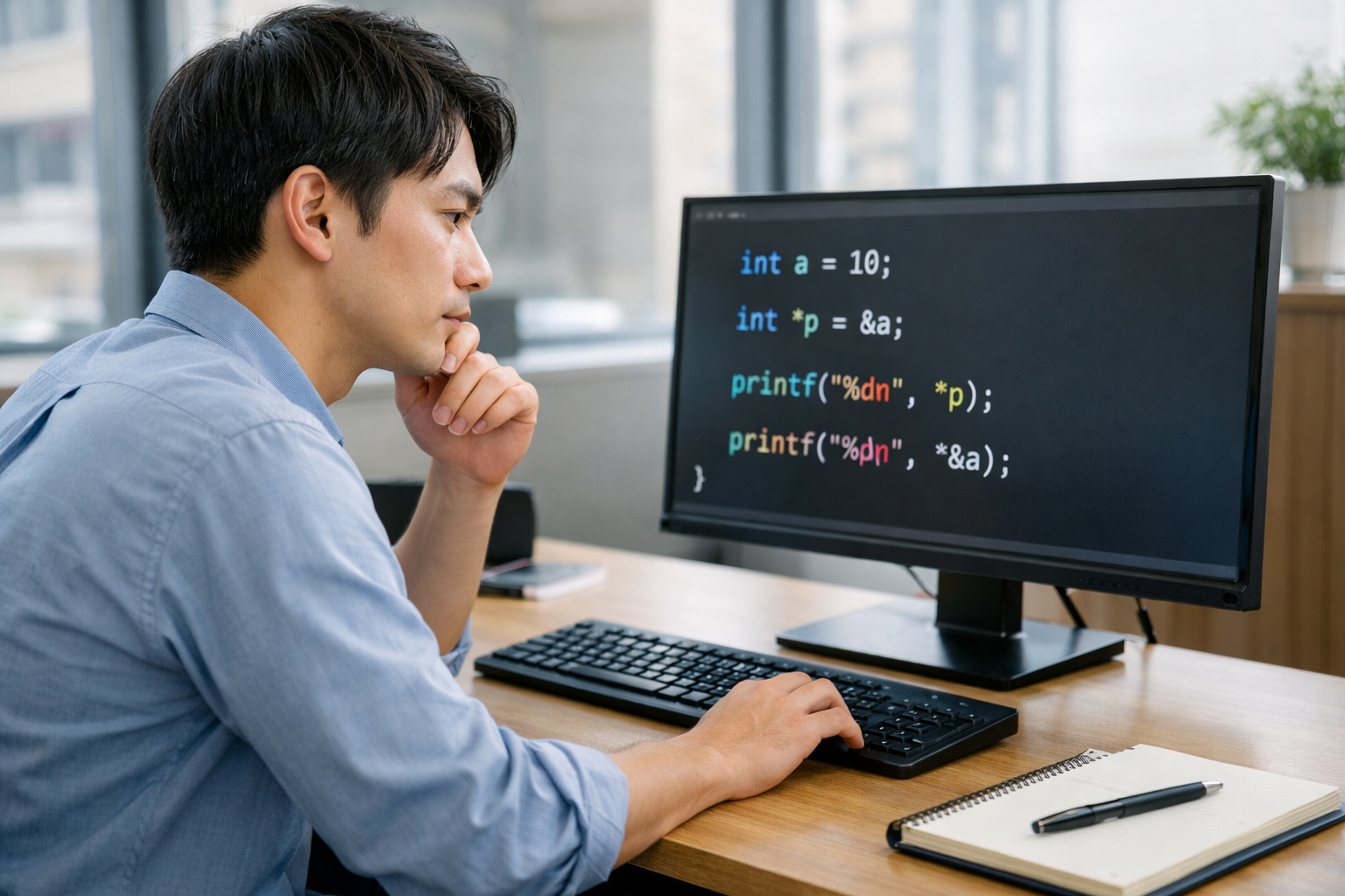 C言語のポインタコードを学習している日本人ITエンジニア