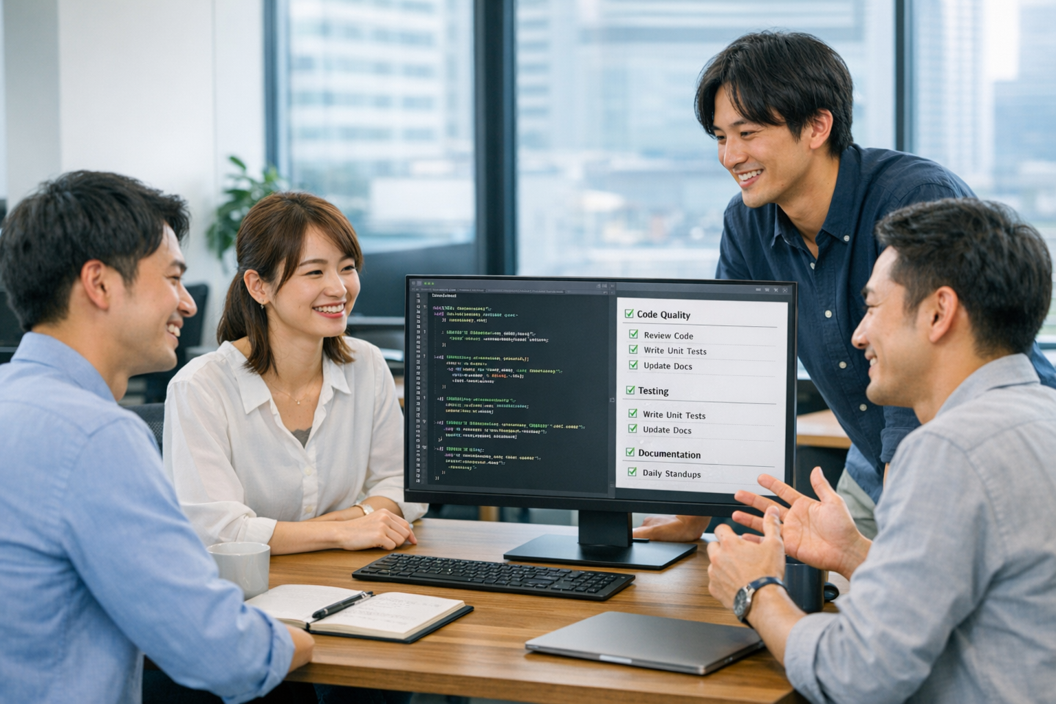 ソフトウェア開発の現場でNG行動を見直しながら議論する日本人ITエンジニアたち