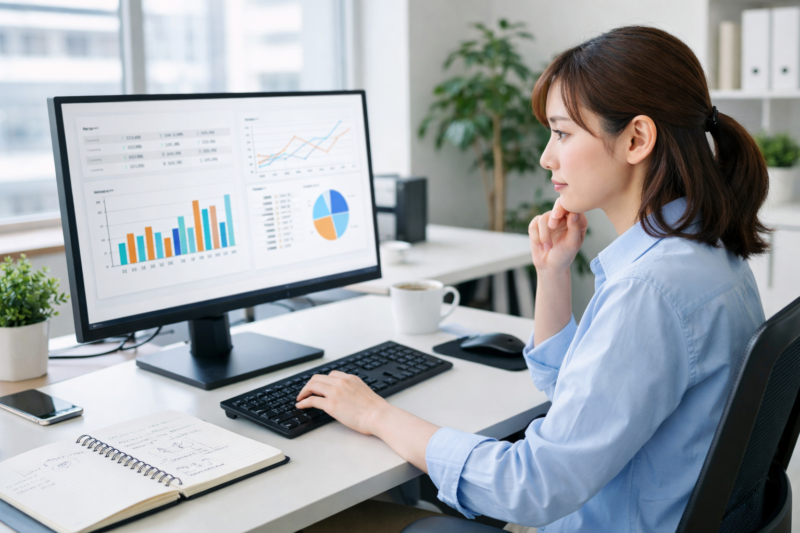 統計やデータのグラフを確認する女性エンジニア