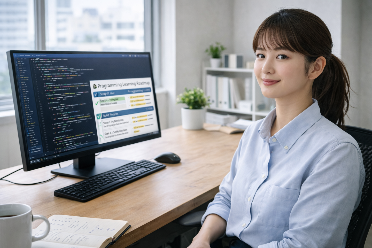 プログラミング学習ロードマップを確認しながら作業する女性ITエンジニア