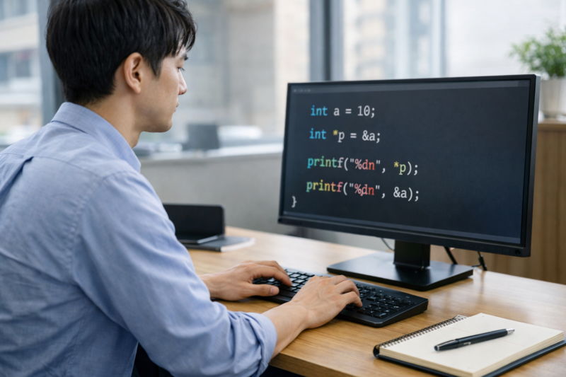 C言語のポインタコードを書いている日本人プログラマー