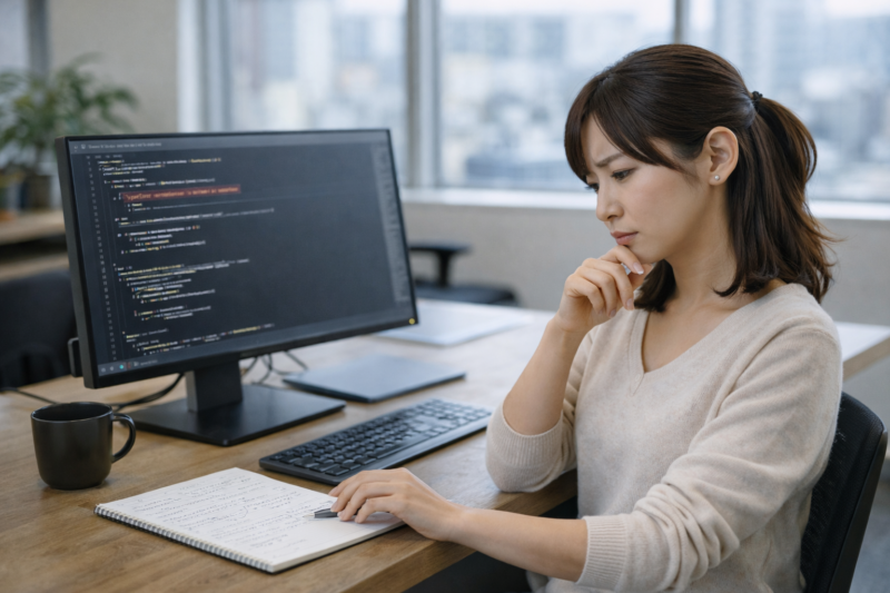 課題に直面しながら解決方法を考える女性ITエンジニア