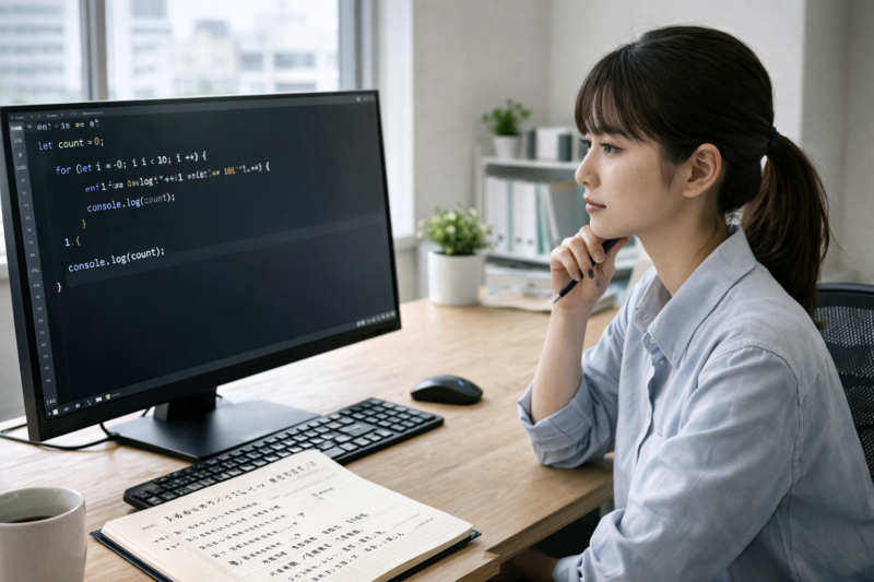 プログラミングの基礎を理解しようと考える日本人女性エンジニア