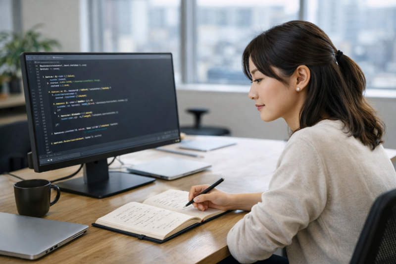 プログラミング基礎を学習する女性エンジニア