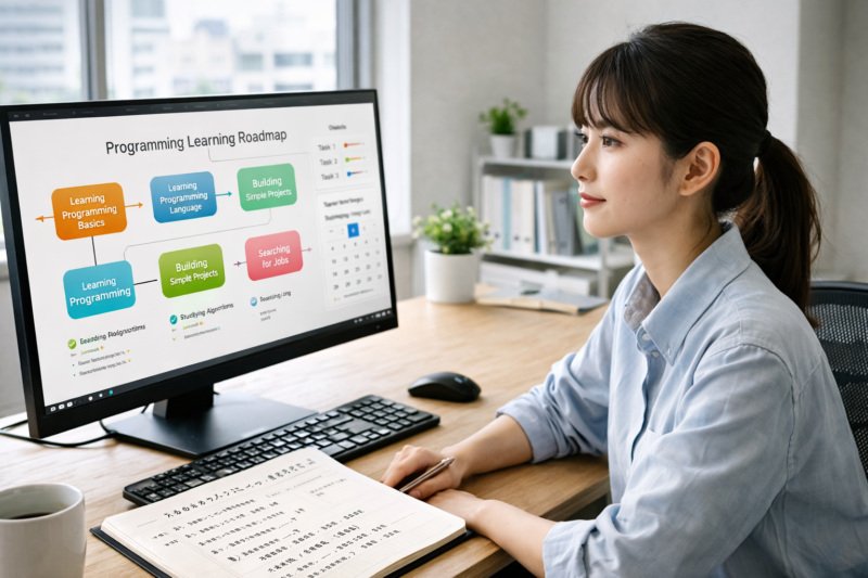 プログラミング学習のロードマップ全体像を確認する女性エンジニア