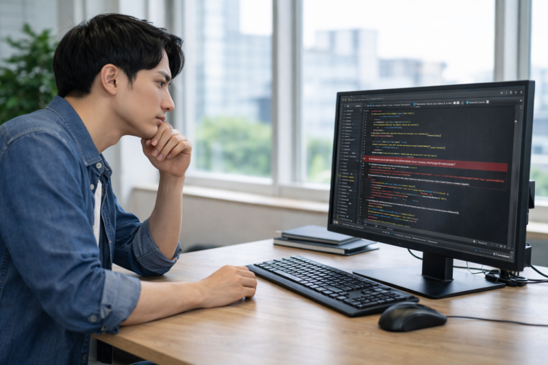 プログラムのエラー原因を調査しているエンジニア