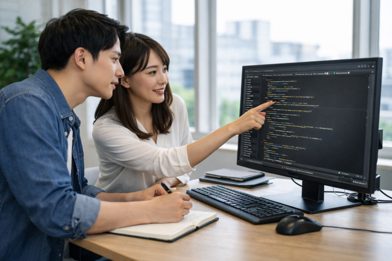 プログラムの仕組みを同僚に説明するエンジニア