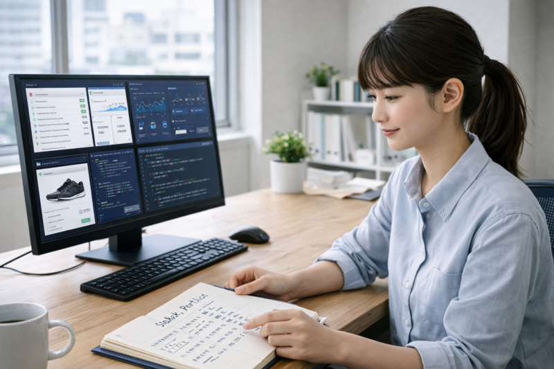 ポートフォリオを確認しながら成果物を整理する女性エンジニア