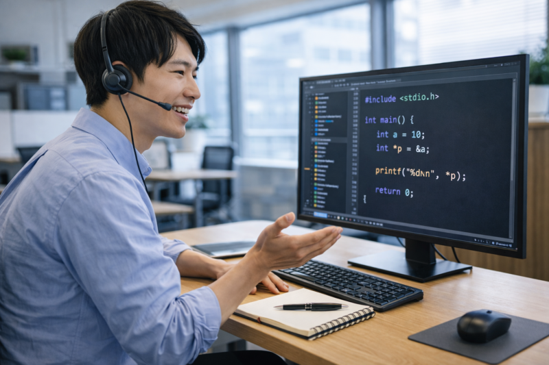 C言語ポインタに関する質問に回答しているエンジニア