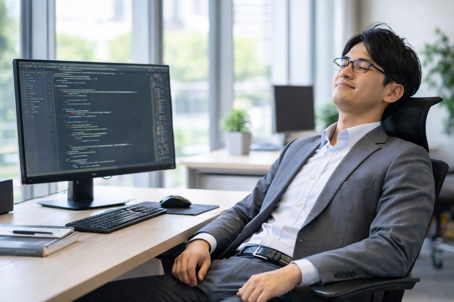 仕事の合間にリラックスしている日本人ITエンジニア