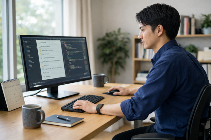 在宅勤務のスケジュールを確認する日本人ITエンジニア