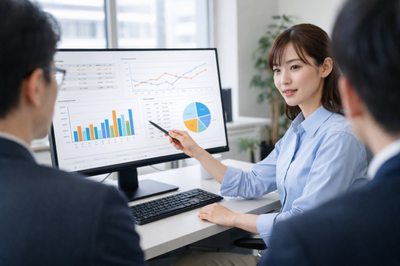 機械学習モデルを説明する女性エンジニア