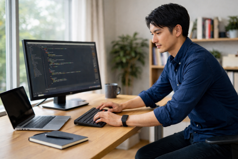 在宅勤務の作業環境を整える日本人ITエンジニア