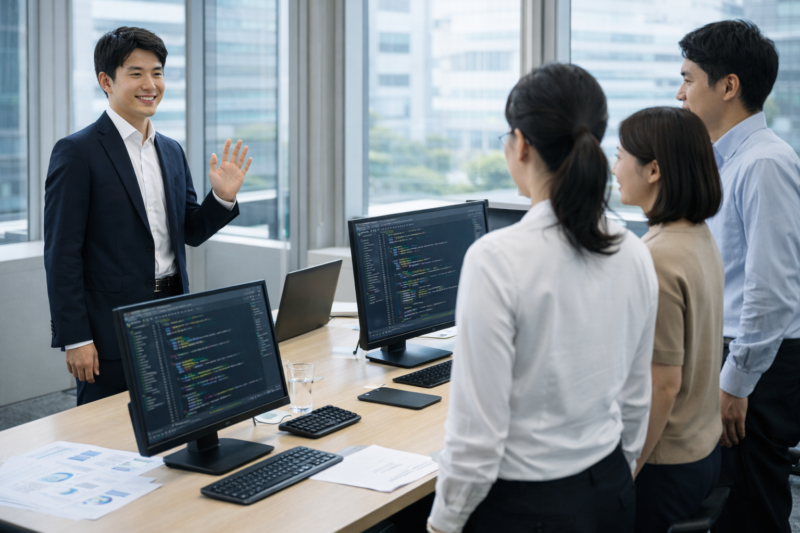 プロジェクト初日にチームへ挨拶するITエンジニア