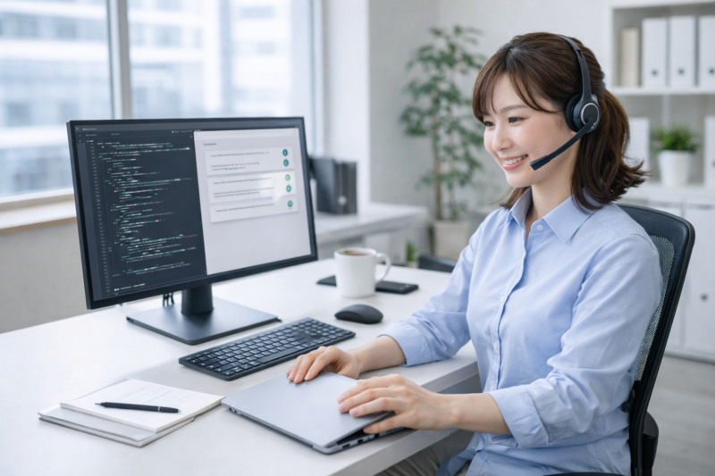 機械学習に関する質問に回答するヘッドセットを着けた日本人女性エンジニア