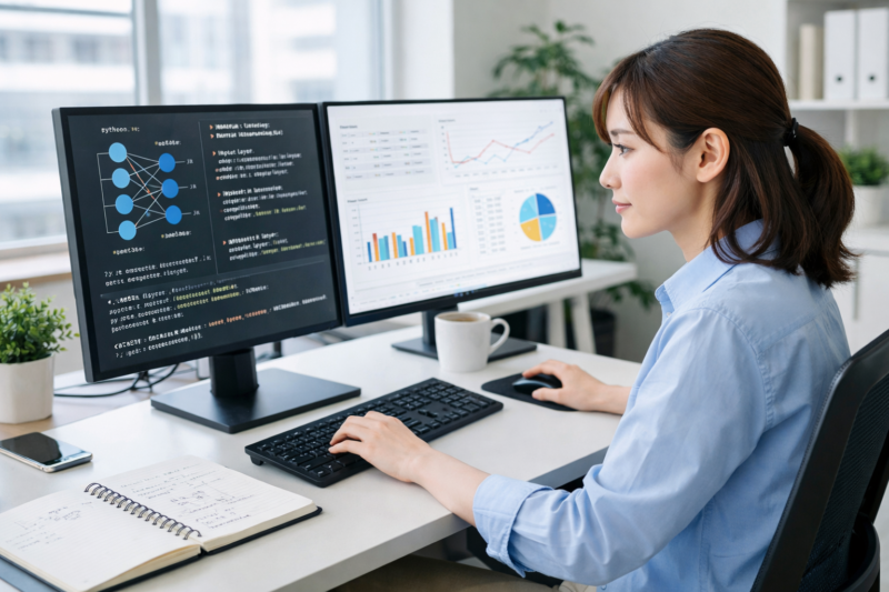 機械学習プロジェクトでPythonコードとデータ分析を複数モニターで確認する日本人女性エンジニア