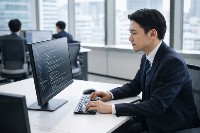 日本のオフィスでプログラミングを行うITエンジニア