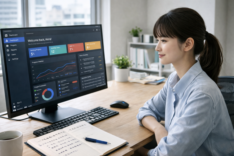 開発したアプリを公開し完成を確認する女性エンジニア