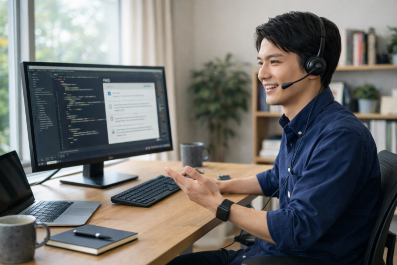 在宅勤務中にリモート会議で質問に答える日本人ITエンジニア