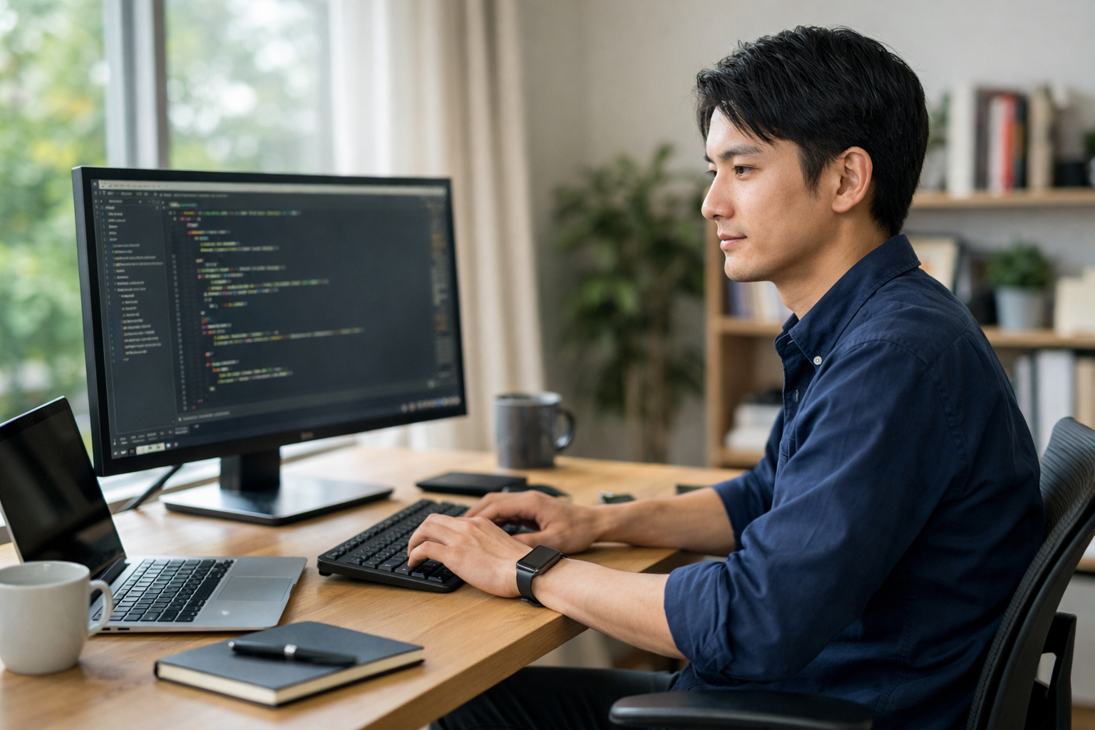 自宅のワークスペースでプログラミング作業を行う日本人ITエンジニアの在宅勤務の様子