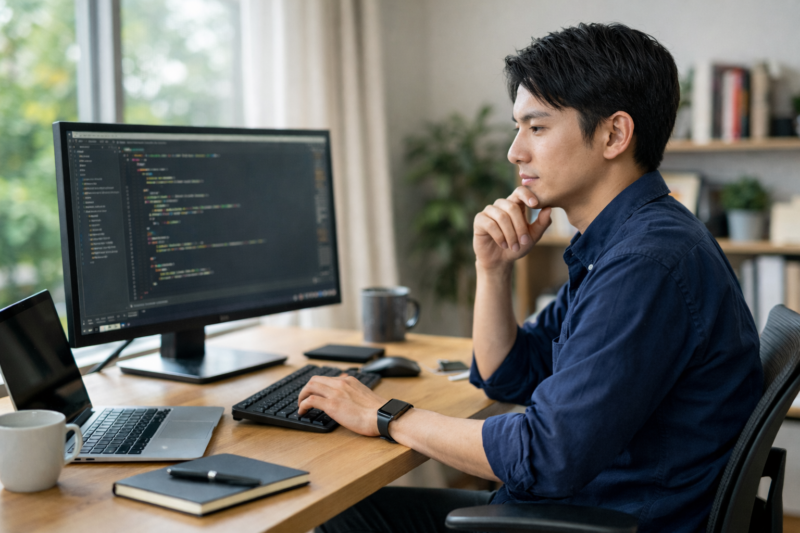 自宅でリモートワークをしている日本人ITエンジニアの在宅勤務の様子