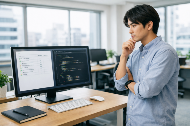 ITエンジニアがコード品質や開発リスクを確認しながらプロジェクトを見直している様子