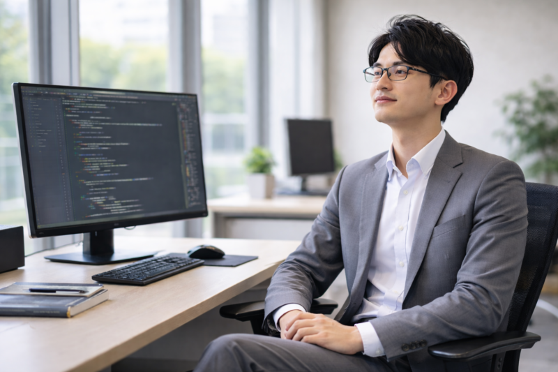 仕事を終えて満足そうなITエンジニア