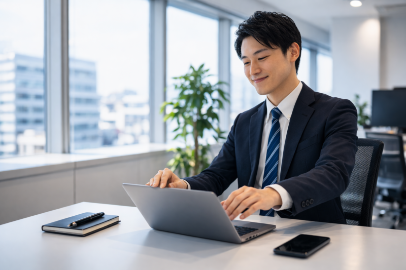 仕事を終えて満足そうなITエンジニア