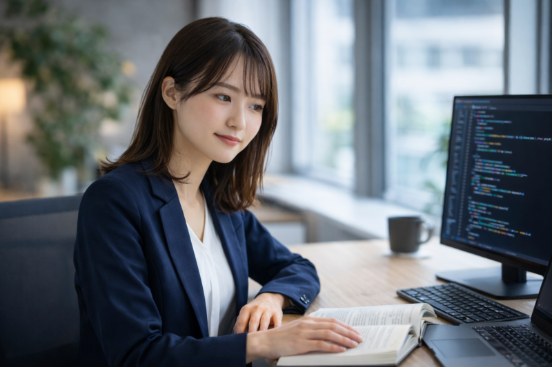 技術書を読みながらプログラミングを学ぶ女性エンジニア