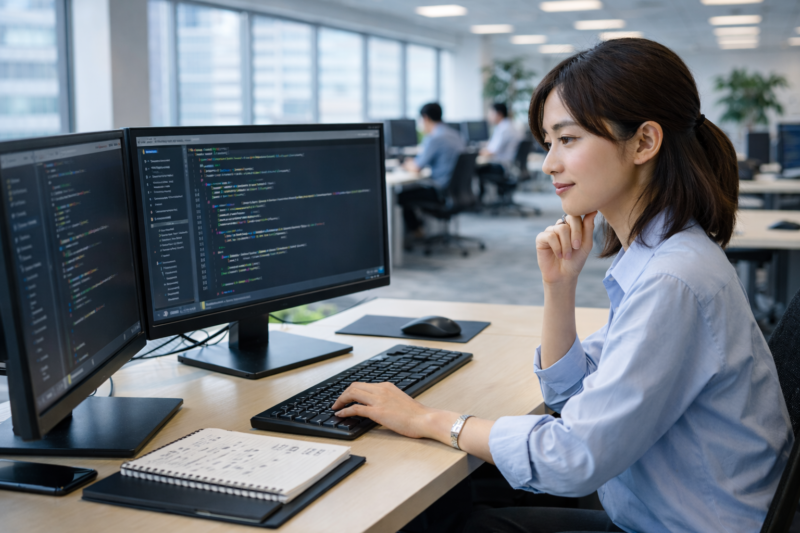 セキュアなコーディングを実践する女性エンジニア
