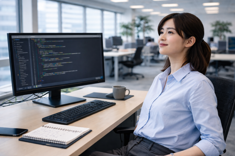 セキュリティ対策を理解し業務を終えた女性エンジニア