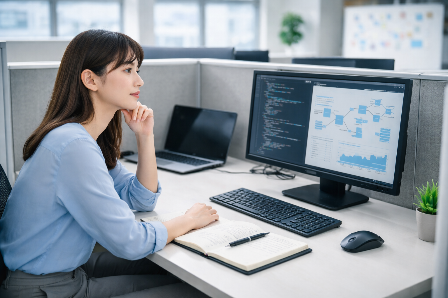 オフィスのパーティション内でAIコードを確認する日本人女性ITエンジニア