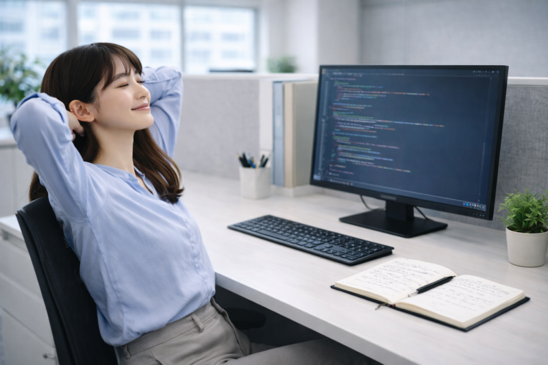 学習を終えて満足するエンジニア