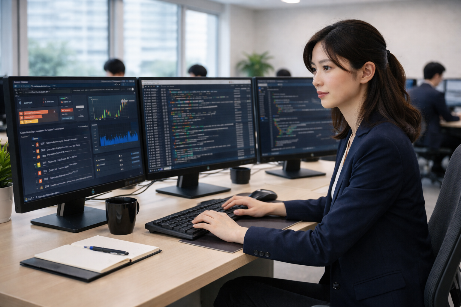 セキュリティエンジニアが監視画面でサイバー攻撃を分析している様子