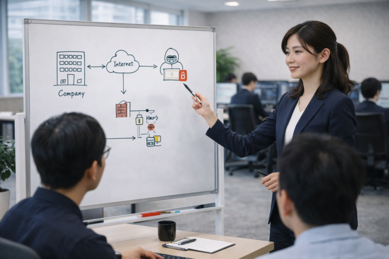 セキュリティの仕組みを説明するエンジニア