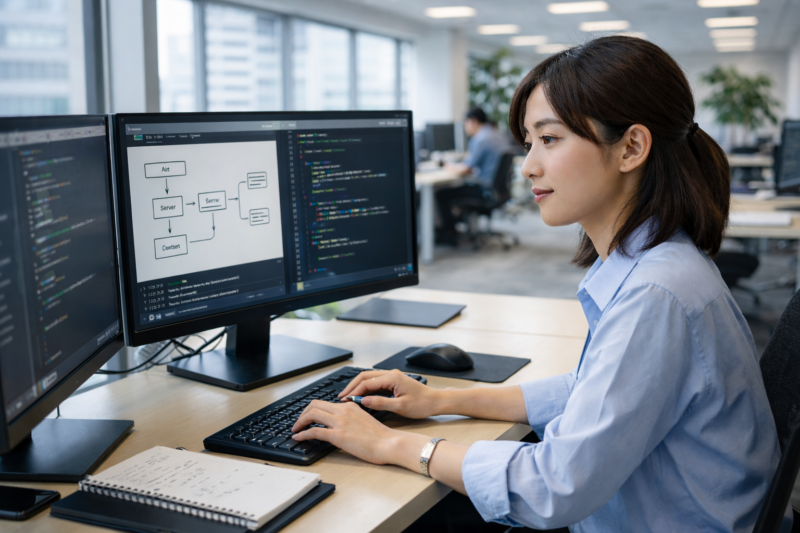 情報セキュリティの基礎を学ぶ女性エンジニア