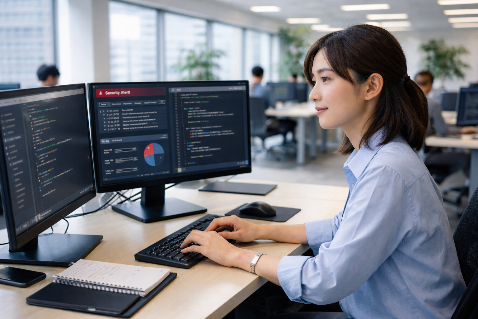 情報セキュリティを分析する日本人女性ITエンジニア