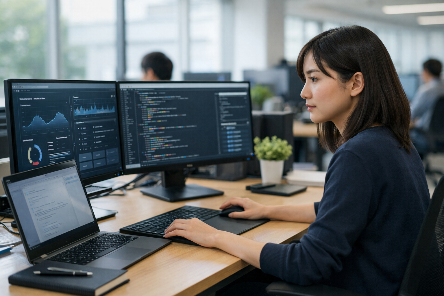 脆弱性診断を行うセキュリティエンジニア（複数モニターで分析）