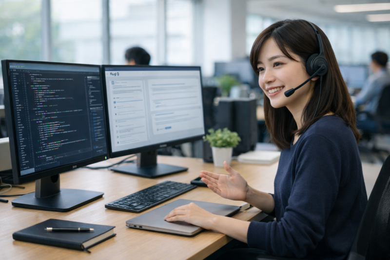 脆弱性診断に関する質問に対応するセキュリティエンジニア(ヘッドセットでサポート)