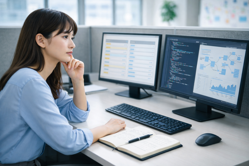 2つのモニターを見比べて分析する日本人女性ITエンジニア