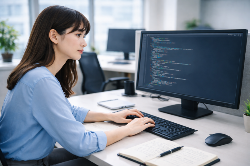 プログラミングコードを確認しながら作業する日本人女性ITエンジニア